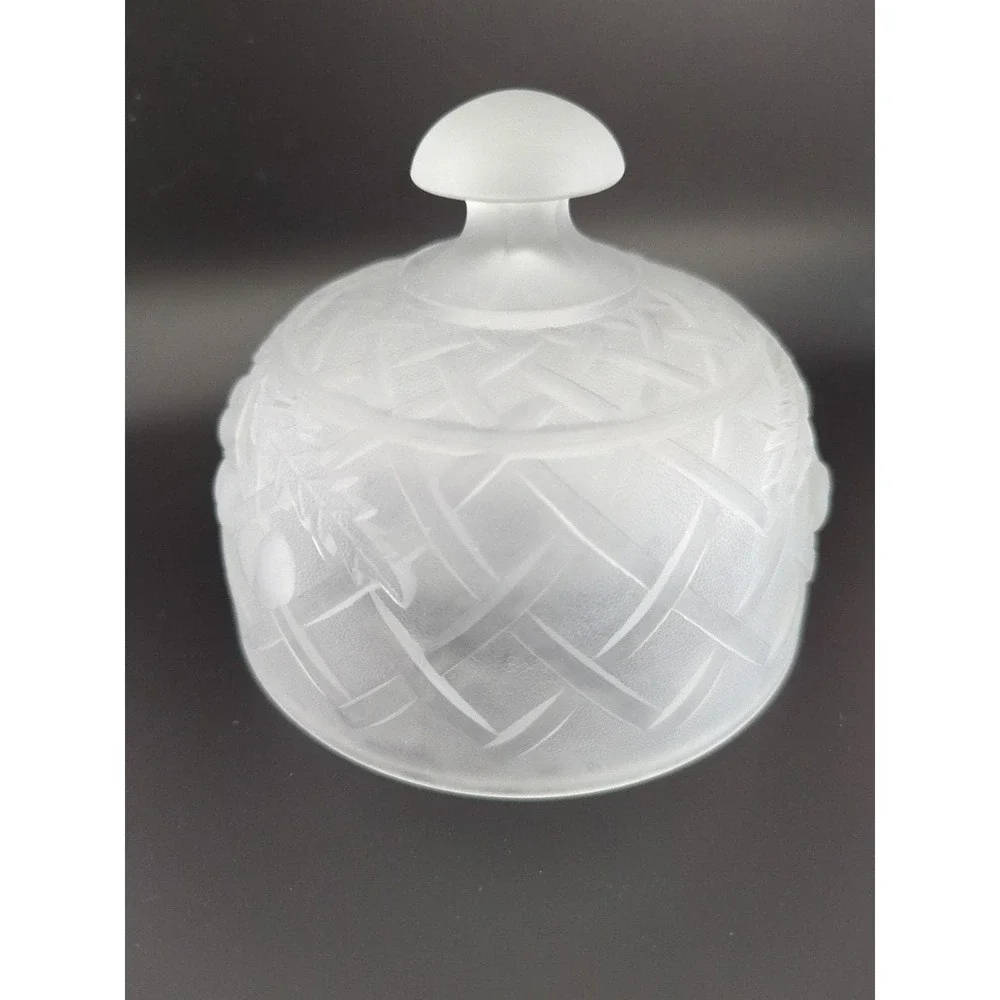 Vintage Frosted Glass Covered Cheese Dish Fruit Pattern Serving Plate w Cloche